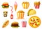 Fast food dishes with drink and dessert icon set