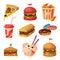 Fast Food Dishes with Drinks and Desserts Collection, Unhealthy Meal Vector Illustration