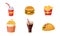Fast Food Dishes Set, French Fries, Hamburger, Soda Drink, Taco, Popcorn, Coffee Vector Illustration