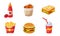 Fast Food Dishes Set, Ketchup Bottle, Drumstick, Sandwich, French Fries, Hamburger, Soda Drink Vector Illustration