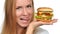 Fast food eating concept Woman hold cheeseburger sandwich with c