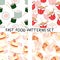 Fast food elements seamless patterns set, cartoon pizza, wok, sushi, cheese cake, cute tasty food patterns collection for delivery