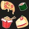 Fast food elements set, cartoon pizza, wok, sushi, cheese cake, cute tasty food stickers for delivery