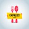 Fast food, express cafe logo template. Fork and spoon cartoon characters.