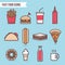 Fast food flat design elements and icons set vector. Pizza, Hot Dog, Hamburger, Tacos, Ice cream, Cola and Donut