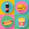 Fast food flat design icon set. hamburger, cola, hot dog and french fries