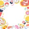 Fast food frame border background template with trendy doodle illustrations of pizza, sushi rolls and soda drink, tasty