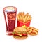 Fast-food: glass of cola, french fries, hamburger and onion ring