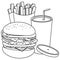 Fast food hamburger, french fries and drink. Vector black and white coloring page