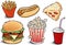 Fast food hamburger, fries, hotdog, drink, popcorn, pizza - hand drawing