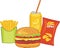 Fast food. Hamburger, orange drink, potato chips and french fries