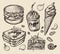 Fast food. hand drawn hamburger, burger, coffee, espresso, ice cream, sandwich, dessert, toast, cheeseburger. sketch