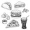 Fast food hand drawn vector illustration. Hamburger, cheeseburger, sandwich, pizza, chicken, taco and cola, engraved style, sketch