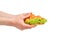 Fast food in hand freshly baked crispy sandwich croissant with lettuce