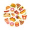 Fast Food with Hot Dog and Pizza Arranged in Circle Vector Template