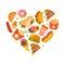 Fast Food with Hot Dog and Pizza Arranged in Heart Vector Template