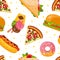 Fast Food with Hot Dog and Pizza Vector Seamless Pattern Template