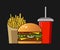 Fast food icon. Flat style. Colorful vector illustration on a dark background. Red cola paper cup with straw, small box