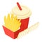 Fast food icon isometric vector. Paper box french frie drink in plastic glass