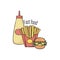 Fast food icon. Potatoes french fries, burger, sauce. Meal of Fast food Isolated, white background