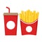 Fast food icon set. Soda in red paper cup and french fries in red paper box.