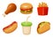 Fast food icons. Burger taco french fries cold drinks coffee street food decent vector plasticine rendering stylized