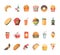 Fast food icons. Junk food sandwich hamburger coffee fried potatoes beverage vector flat pictures