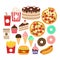 Fast food icons set. Burger, popcorn, french fries, soda, donut and hot dog colorful cartoon set.