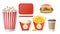 Fast Food Icons Set Vector. French Fries, Coffee, Hamburger, Cola, Tray Salver, Popcorn. Isolated On White Background