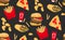 Fast food illustration: pizza, french fries, hamburger, chips, burritos american food culture template. Dinner or lunch meal, junk