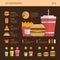 Fast food infographic. Flat style, vector illustration. Fast food cafe. Fast food infographic.