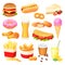 Fast food isolated set, snack menu collection, hamburger and sweets, vector illustration