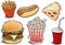 Fast food items-hamburger, fries, hotdog, drink, popcorn, pizza - hand drawing