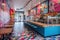 fast-food joint with graffiti and pop art decor, featuring bright colors and bold patterns
