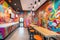 fast-food joint with graffiti and pop art decor, featuring bright colors and bold patterns