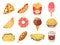 Fast food. Junk food and snacks, hamburger, taco, french fries, donut and pizza high calorie food. Doodle fast food