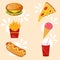 Fast Food Kit. Fast food icons. Fast food. Cafe. Burger. Coca Cola. Hot dog.