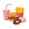 Fast food. A large fast food set Consisting of burgers, French fries, donuts and a carbonated drink. Vector illustration