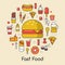 Fast Food Line Art Thin Icons Set with Burger Pizza and Junk Food