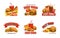 Fast food logo. Pizza and burger cafe emblems. Snack labels. Fries potato. Sandwich and hamburger. Hot dog with sausage