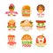 Fast food logos set, burger, cupcake, pizza, french fries, croissant, sausage, sandwich, ice cream cone vector