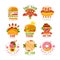 Fast food logos set, food and drink menu, burger, hot dog, pizza, taco, coffee, donut, sandwich, ice cream cone vector