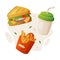 Fast Food Lunch with Cooked Sandwich, French Fries and Soda Drink Vector Composition