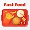 Fast food lunch icon, menu, poster. Burger, fries, drink and open dip packets.