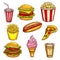 Fast food lunch takeaway dishes isolated sketch