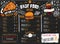 Fast food menu design on dark chalkboard with lettering and doodle style sketches. Vector creative junk kitchen