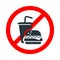 Fast food not allowed, drinking and eating forbidden sign with cocktail and hamburger icon on white background