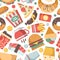 Fast food pattern. Restaurant menu pictures pizza hamburger ice cream sandwich cold drinks snack vector seamless