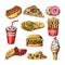 Fast food pictures. Burgers, cola sandwich hotdog and french fries. Hand drawn color vector illustrations