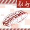 Fast food poster with hot dog. Hand draw retro illustration. Vintage burger design. Template